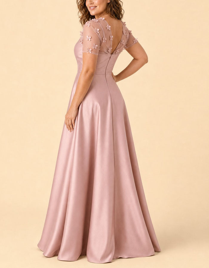 Solid Color Asymmetrical Mesh Floral Satin Maxi Dress