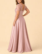 Solid Color Asymmetrical Mesh Floral Satin Maxi Dress