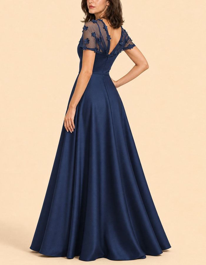 Solid Color Asymmetrical Mesh Floral Satin Maxi Dress