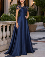 Solid Color Asymmetrical Mesh Floral Satin Maxi Dress
