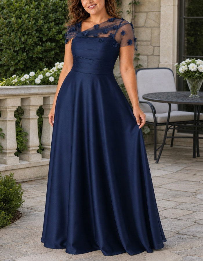 Solid Color Asymmetrical Mesh Floral Satin Maxi Dress