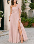 Pink One Shoulder Draped High Slit Chiffon Maxi Dress