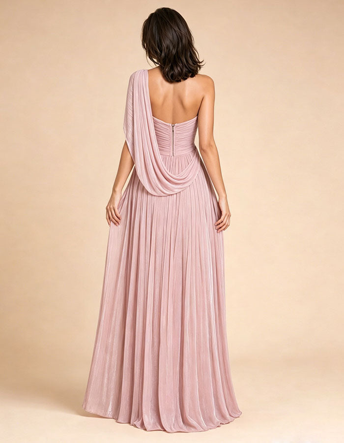Pink One Shoulder Draped High Slit Chiffon Maxi Dress