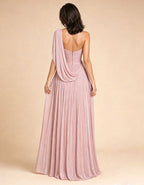 Pink One Shoulder Draped High Slit Chiffon Maxi Dress