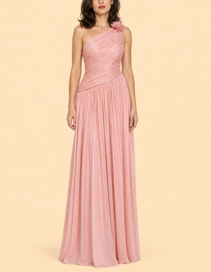 Solid Color One Shoulder 3D Floral Chiffon Maxi Dress