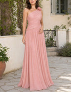 Solid Color One Shoulder 3D Floral Chiffon Maxi Dress