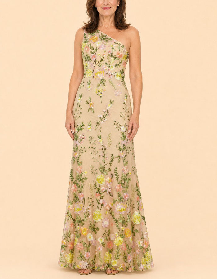 Apricot Colored Tulle Floral Embroidered Shoulder Bag Maxi Dress