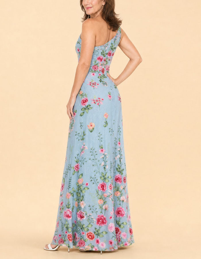 Blue Embroidered Mesh Shoulder Bag Maxi Dress