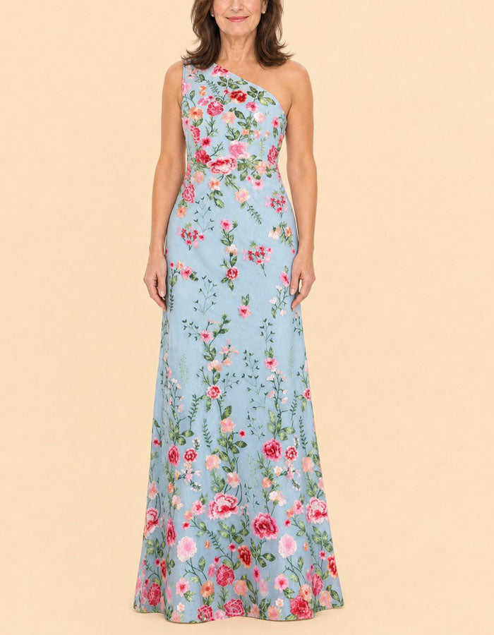 Blue Embroidered Mesh Shoulder Bag Maxi Dress