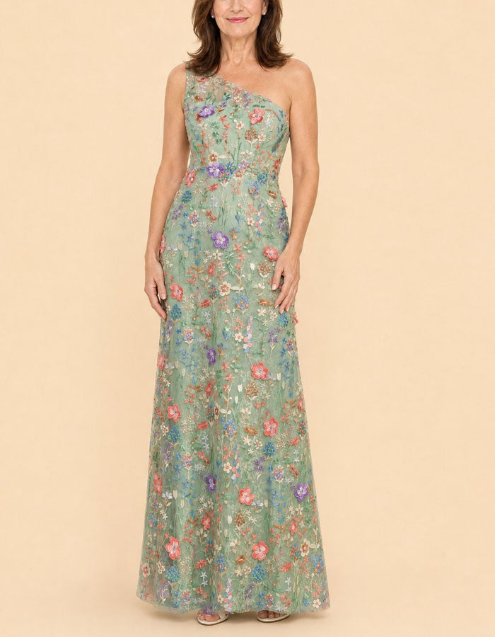Maxikleid mit buntem Blumenstickmuster in Salbeigrün
