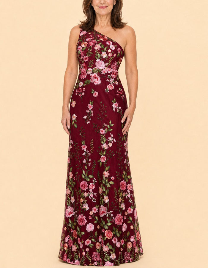 Blue Embroidered Mesh Shoulder Bag Maxi Dress