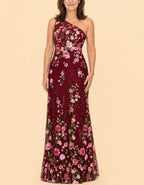 Blue Embroidered Mesh Shoulder Bag Maxi Dress