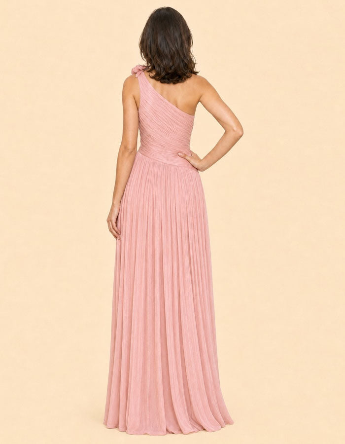 Solid Color One Shoulder 3D Floral Chiffon Maxi Dress