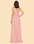 Solid Color One Shoulder 3D Floral Chiffon Maxi Dress