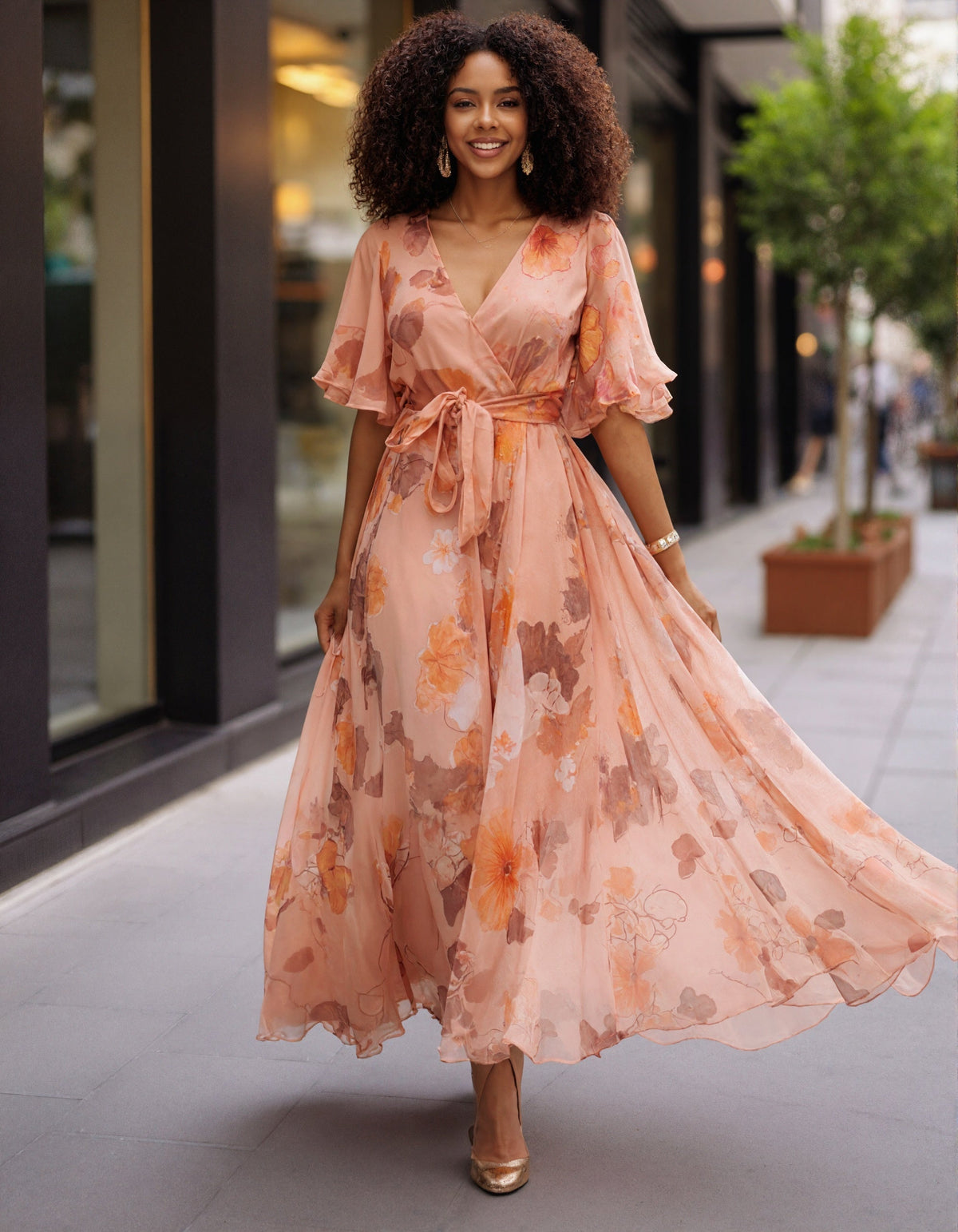 Robe longue en mousseline à imprimé floral aquarelle rose, col en V et manches à volants avec lien à nouer