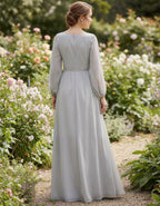 Light Gray V-Neck Chiffon Lantern Sleeve Maxi Dress