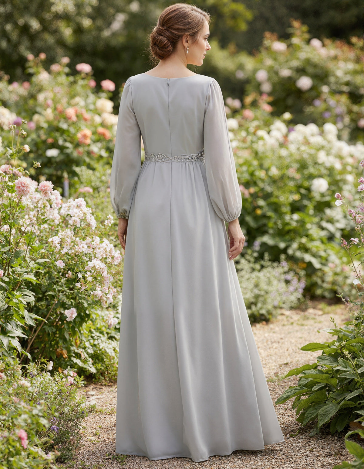 Light Gray V-Neck Chiffon Lantern Sleeve Maxi Dress