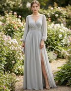 Light Gray V-Neck Chiffon Lantern Sleeve Maxi Dress