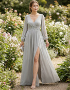Light Gray V-Neck Chiffon Lantern Sleeve Maxi Dress