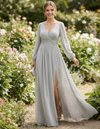 Light Gray V-Neck Chiffon Lantern Sleeve Maxi Dress