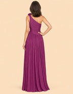 Solid Color One Shoulder 3D Floral Chiffon Maxi Dress