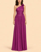 Solid Color One Shoulder 3D Floral Chiffon Maxi Dress