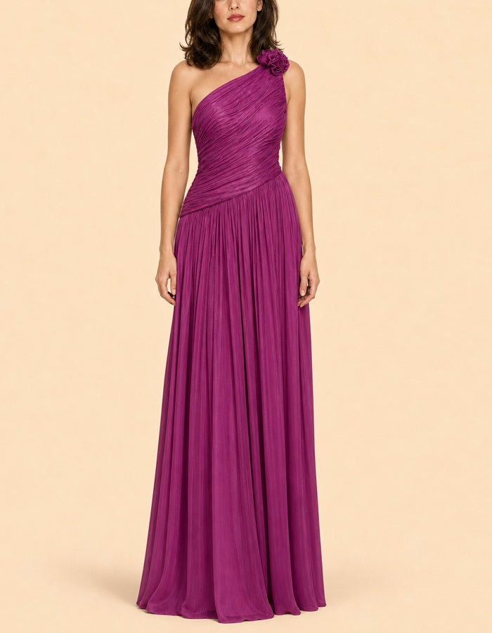 Solid Color One Shoulder 3D Floral Chiffon Maxi Dress