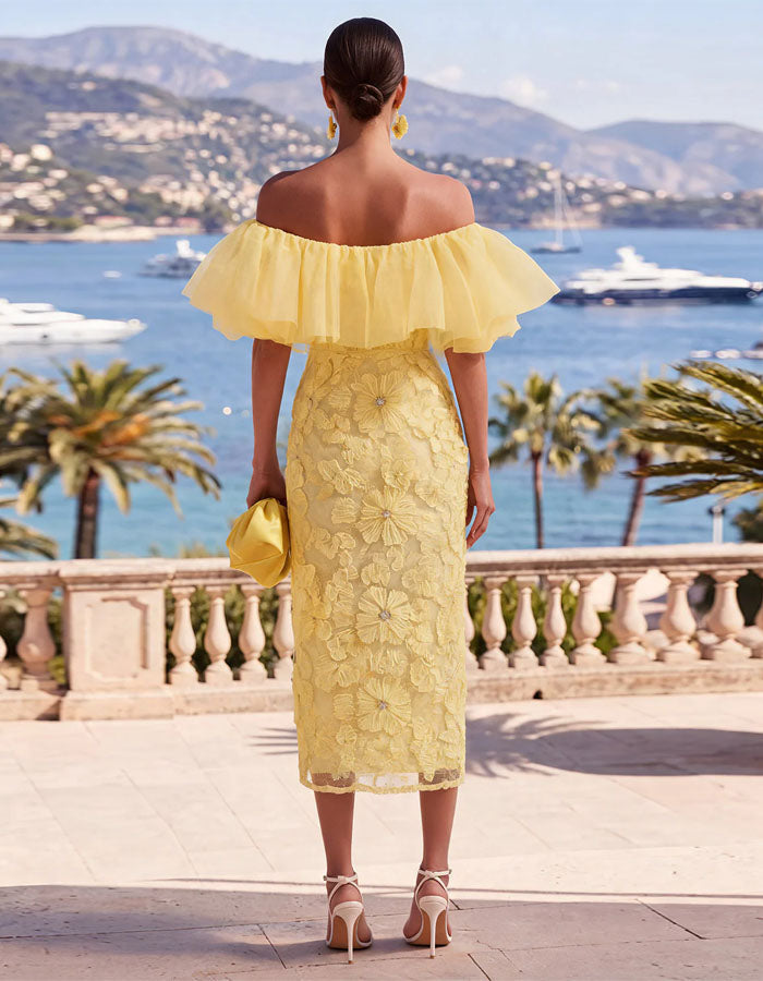 Yellow Off-shoulder Ruffled 3D Floral Pattern Maxi Dress