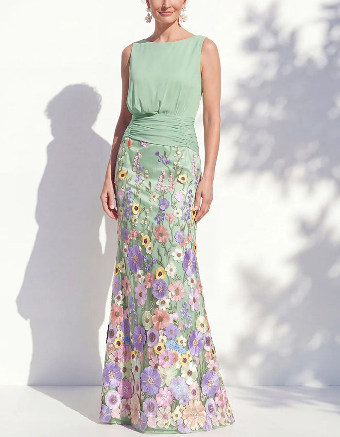 Vestido largo verde sin mangas con estampado floral 3D multicolor