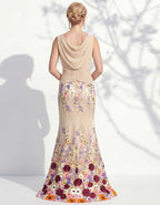 Vestido largo verde sin mangas con estampado floral 3D multicolor
