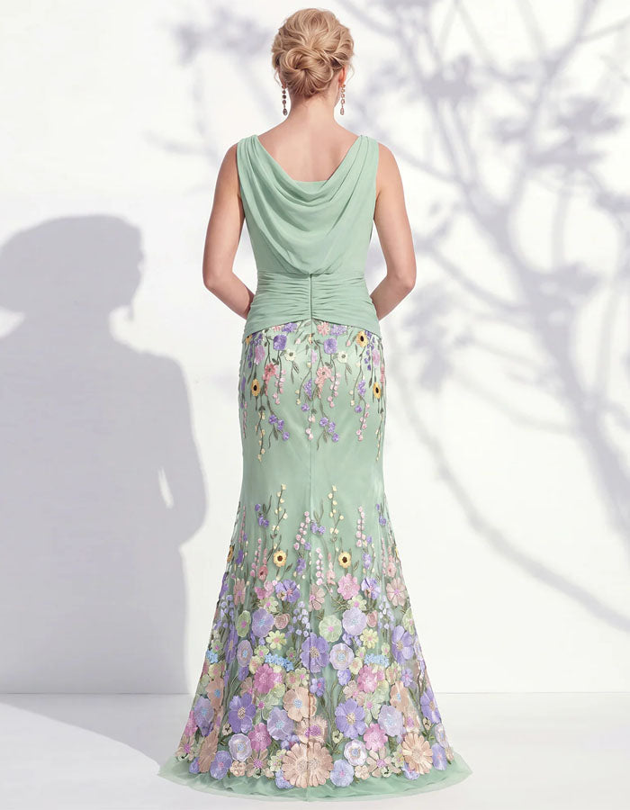 Vestido largo verde sin mangas con estampado floral 3D multicolor