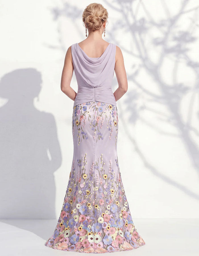 Vestido largo verde sin mangas con estampado floral 3D multicolor