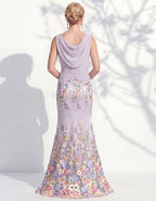 Vestido largo verde sin mangas con estampado floral 3D multicolor