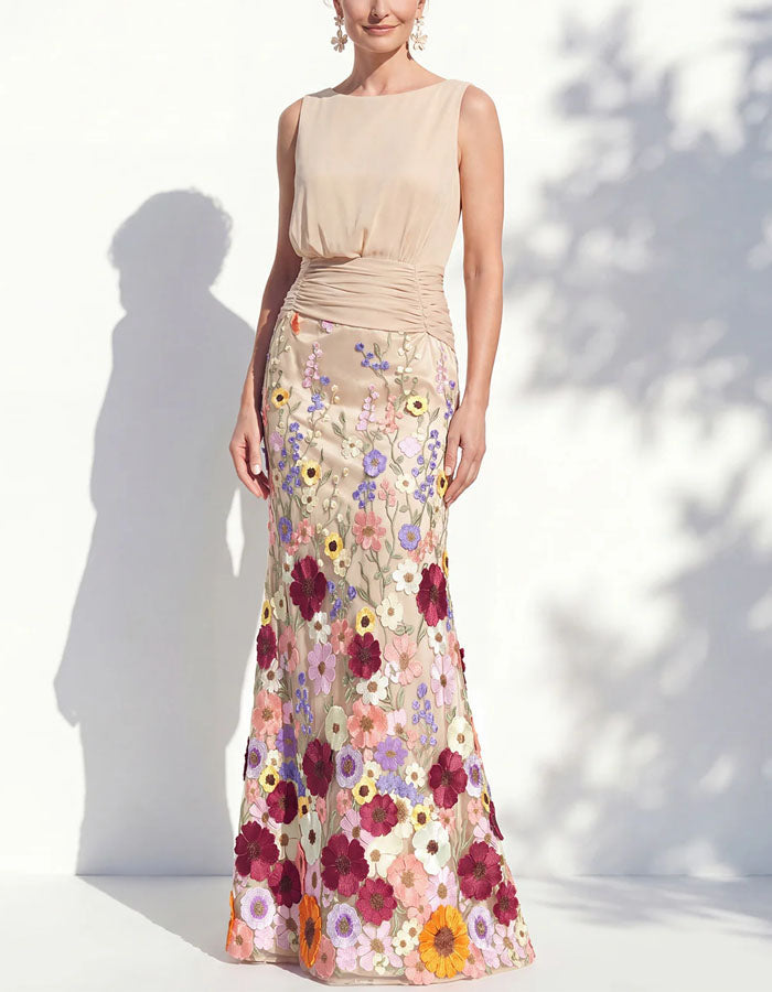 Vestido largo verde sin mangas con estampado floral 3D multicolor