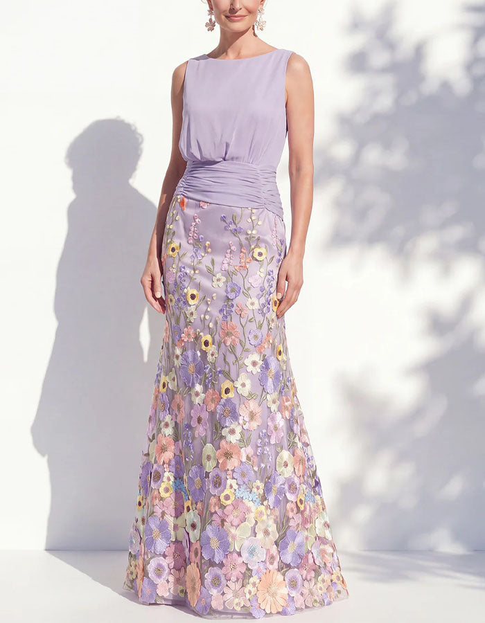 Vestido largo verde sin mangas con estampado floral 3D multicolor