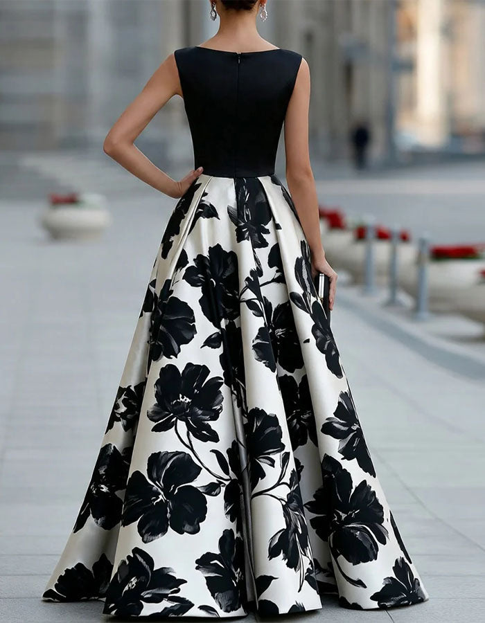 Black Satin Print Maxi Dress