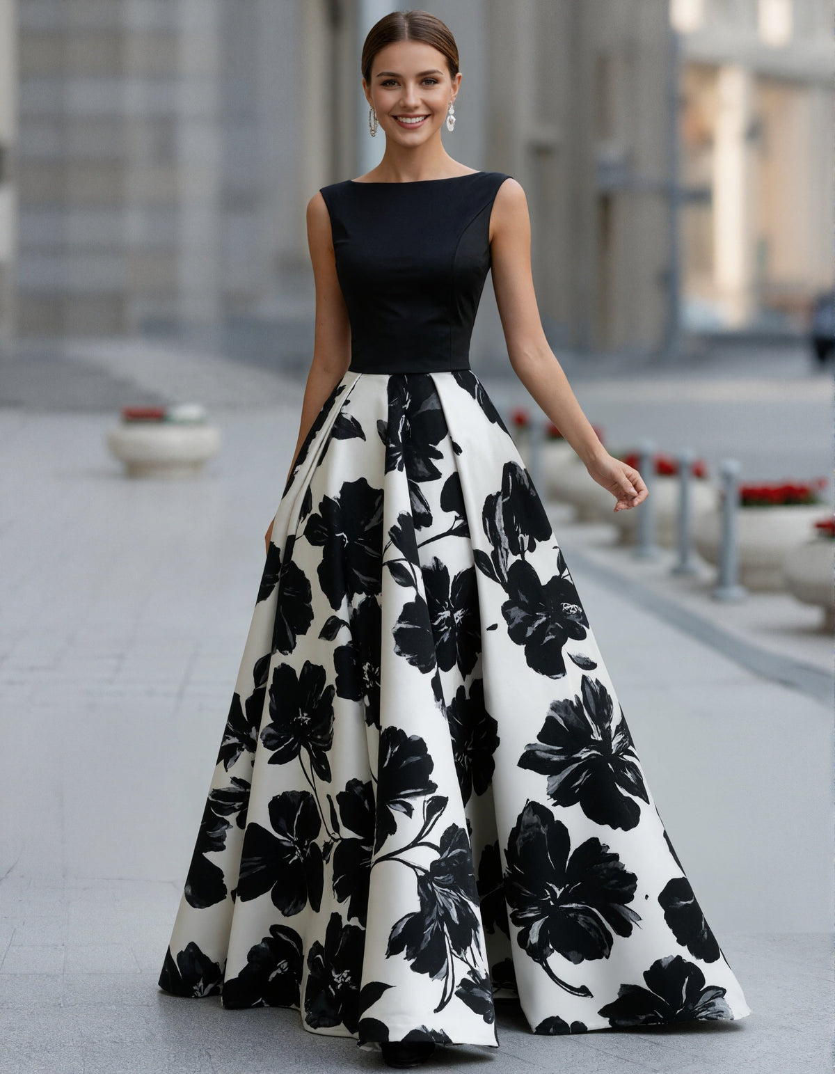 Black Satin Print Maxi Dress