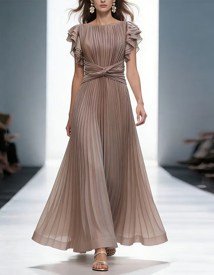Khakifarbenes Maxikleid mit Rüschen und kurzen Ärmeln