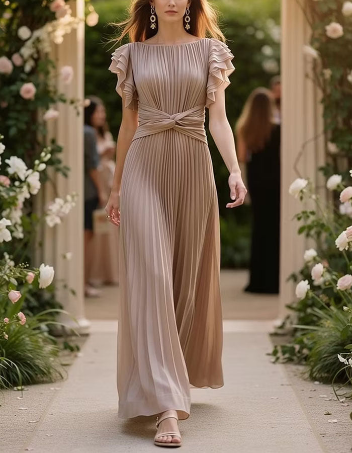Khakifarbenes Maxikleid mit Rüschen und kurzen Ärmeln