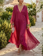 Altrosa Maxikleid aus Chiffon mit tiefem V-Ausschnitt, Fledermausärmeln und lockerer Passform