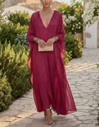 Altrosa Maxikleid aus Chiffon mit tiefem V-Ausschnitt, Fledermausärmeln und lockerer Passform
