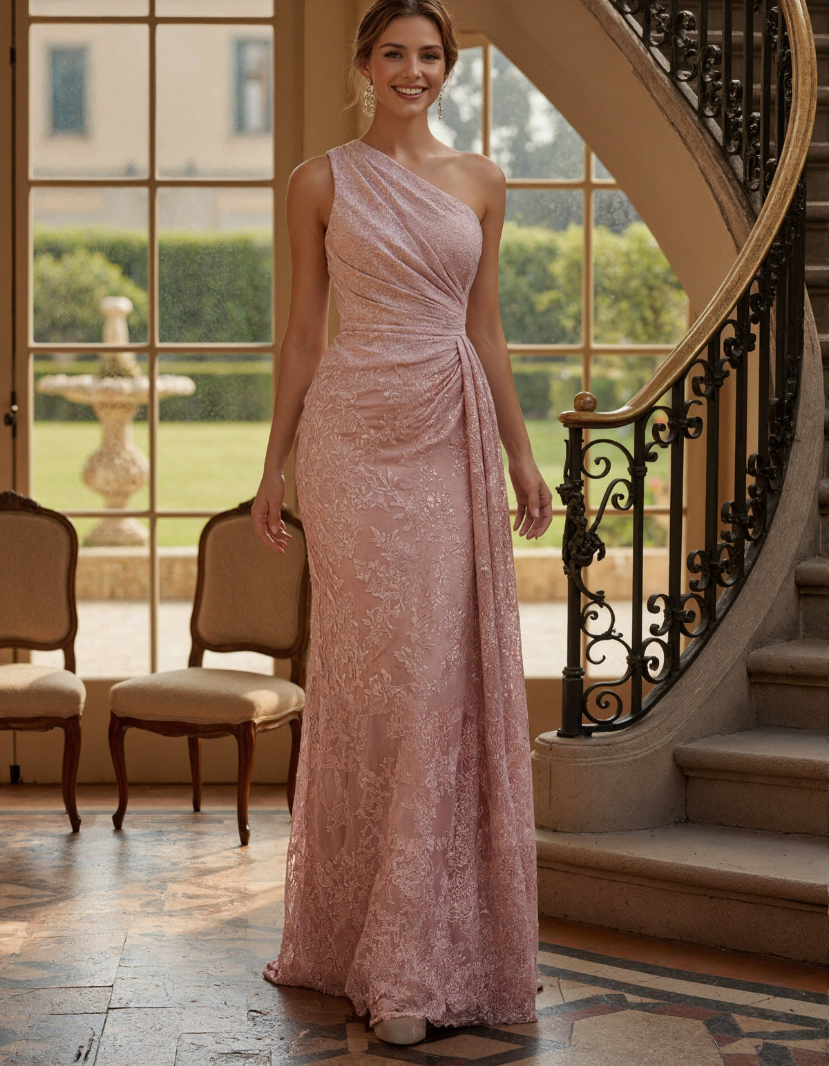 Robe longue asymétrique en dentelle florale rose grisâtre