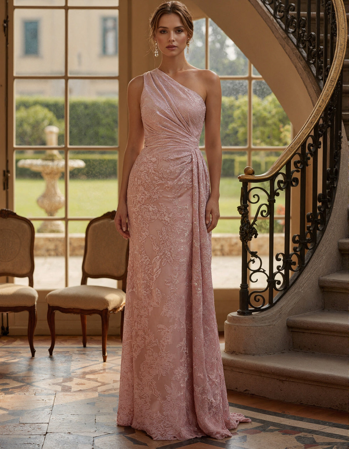 Robe longue asymétrique en dentelle florale rose grisâtre