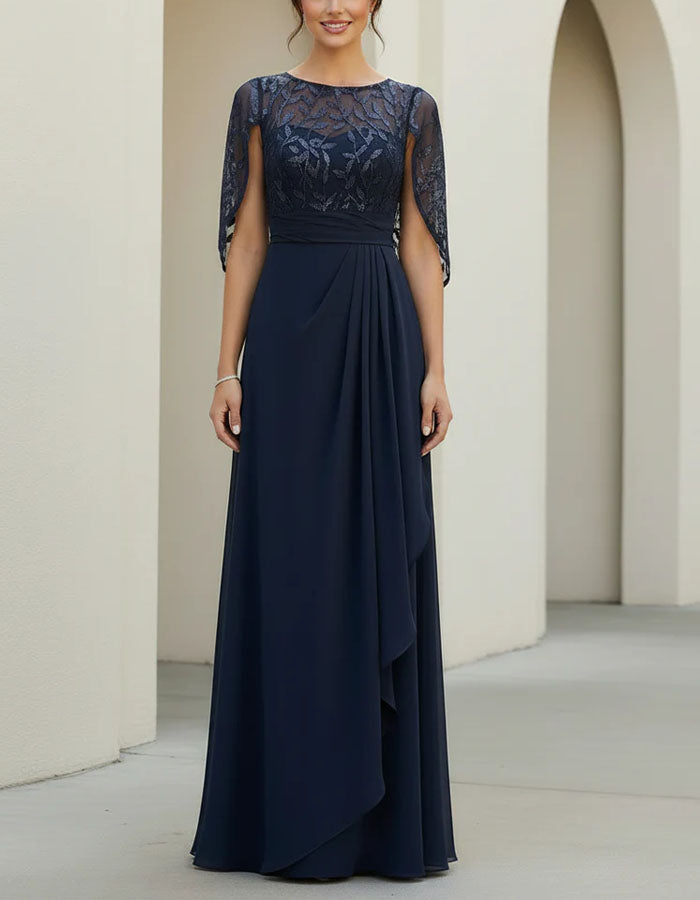 Robe longue en mousseline bleu marine avec manches en dentelle