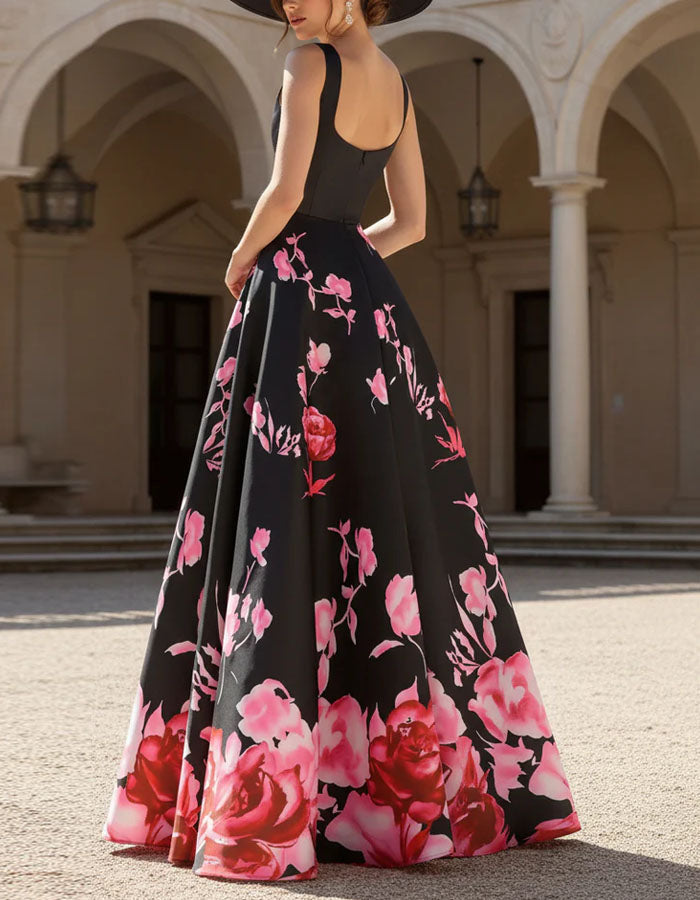 Black Square Neck Sleeveless Dress With Pink Rose Print Maxi Dress