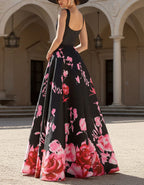 Black Square Neck Sleeveless Dress With Pink Rose Print Maxi Dress
