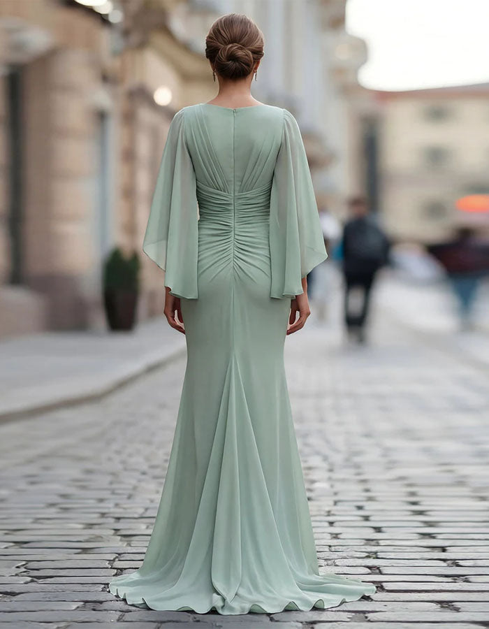 Bean Green Chiffon With Ruffled Sleeves Maxi Dress