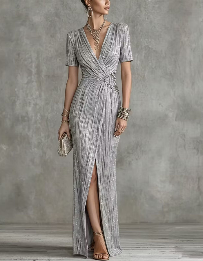 Silver V-Neck Short Sleeved Shirt Maxi Dress