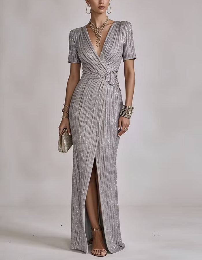 Silver V-Neck Short Sleeved Shirt Maxi Dress