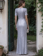 Silver V-Neck Short Sleeved Shirt Maxi Dress